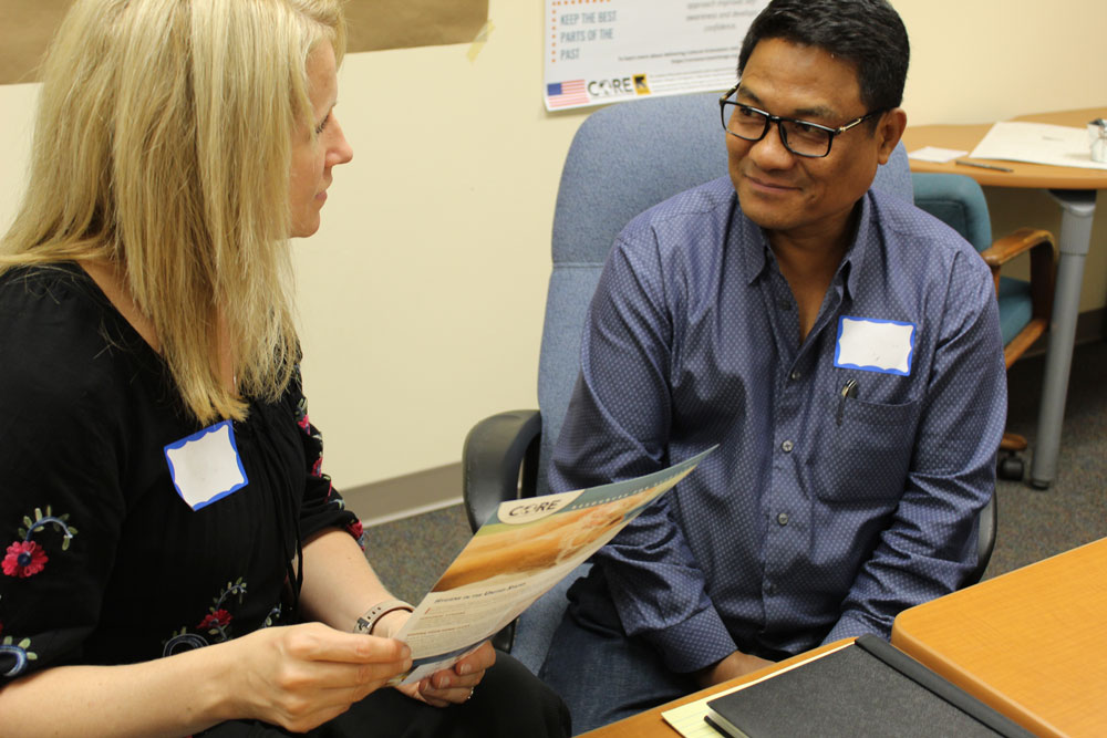 Resettlement staff at the Refugee and Immigrant Services of Archdiocese of Indianapolis practice role playing using CORE resources.