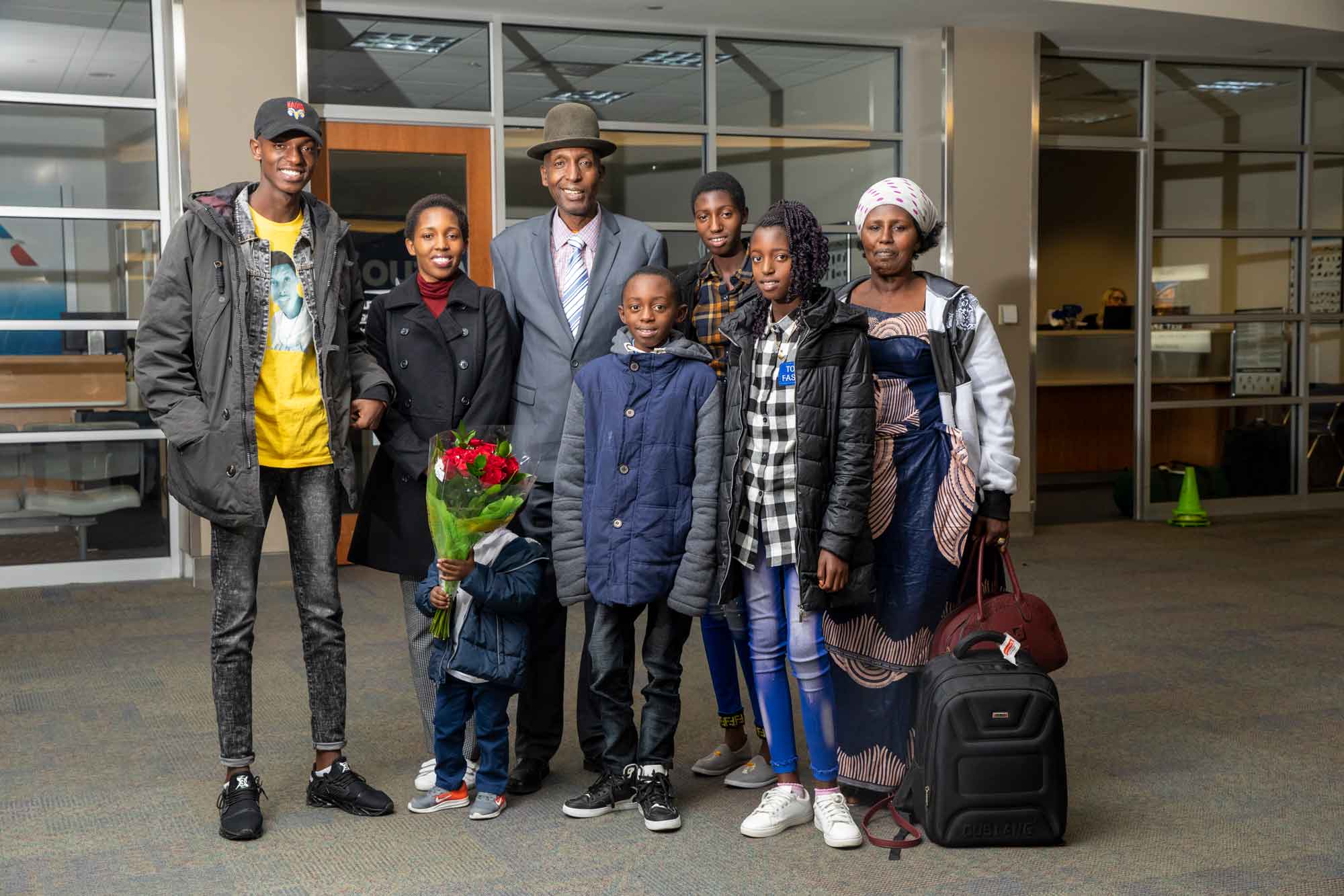 A family of Congolese refugees arriving in the United States at the Boise airport. IRC/Angie Smith